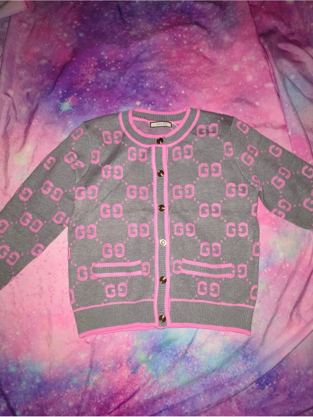 Gray and Pink GG Logo Knit Cardigan